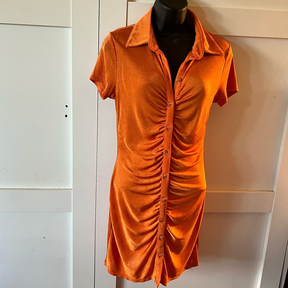 Orange Ruched Button-Up Dress